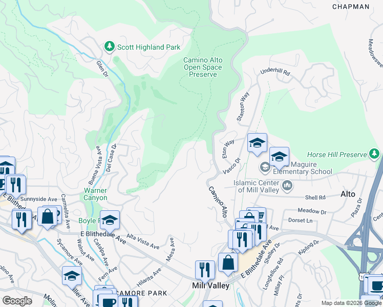 map of restaurants, bars, coffee shops, grocery stores, and more near 2 Escalon Drive in Mill Valley