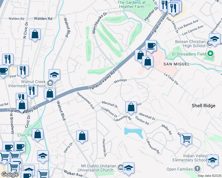 map of restaurants, bars, coffee shops, grocery stores, and more near 1351 Montego in Walnut Creek