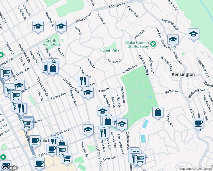 map of restaurants, bars, coffee shops, grocery stores, and more near 613 Balra Drive in El Cerrito