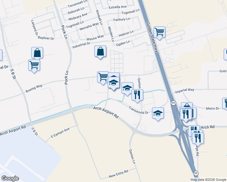 map of restaurants, bars, coffee shops, grocery stores, and more near 2707 Transworld Drive in Stockton