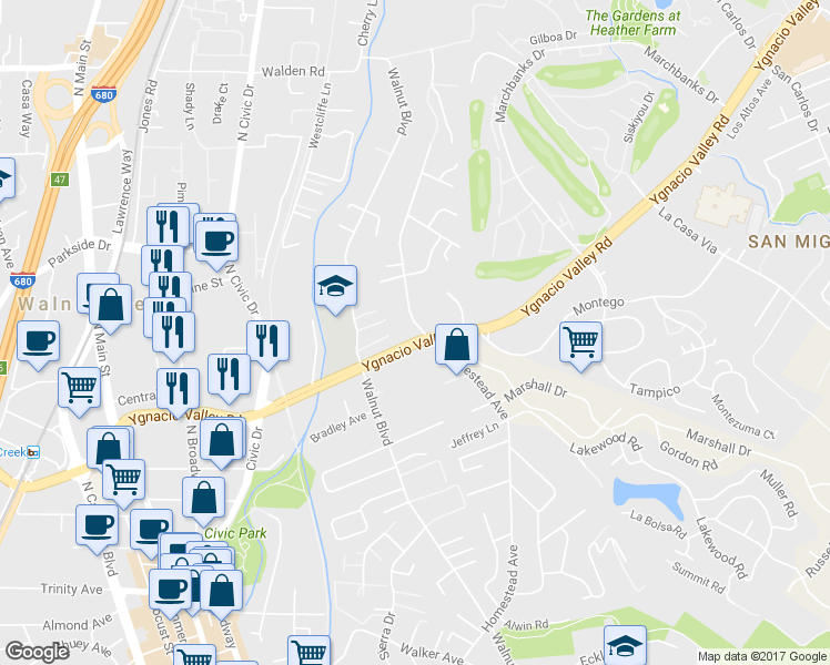 map of restaurants, bars, coffee shops, grocery stores, and more near 1080 Ygnacio Valley Road in Walnut Creek