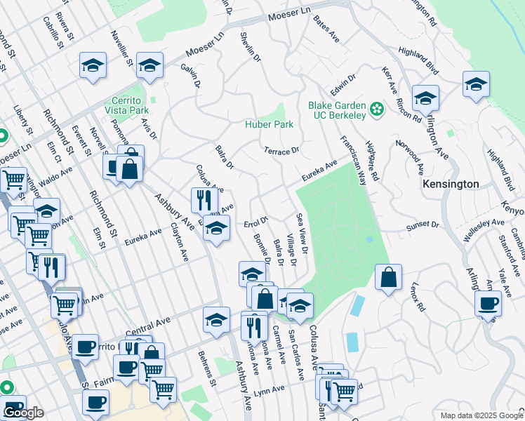 map of restaurants, bars, coffee shops, grocery stores, and more near 613 Balra Drive in El Cerrito