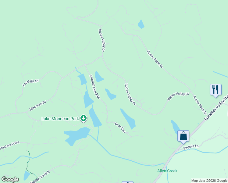 map of restaurants, bars, coffee shops, grocery stores, and more near 60 Cowslip Lane in Nellysford