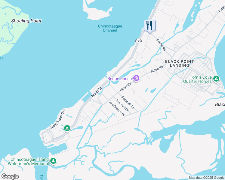 map of restaurants, bars, coffee shops, grocery stores, and more near 8150 Seashell Drive in Chincoteague Island