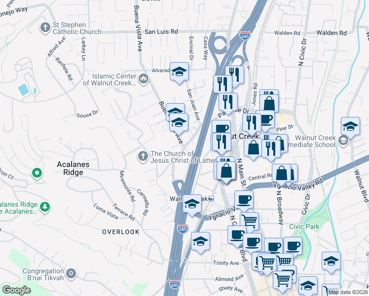 map of restaurants, bars, coffee shops, grocery stores, and more near Buena Vista Ave & Parkside Dr in Walnut Creek