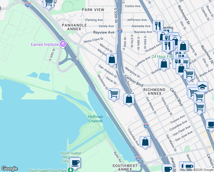 map of restaurants, bars, coffee shops, grocery stores, and more near 1548 Monterey Street in Richmond