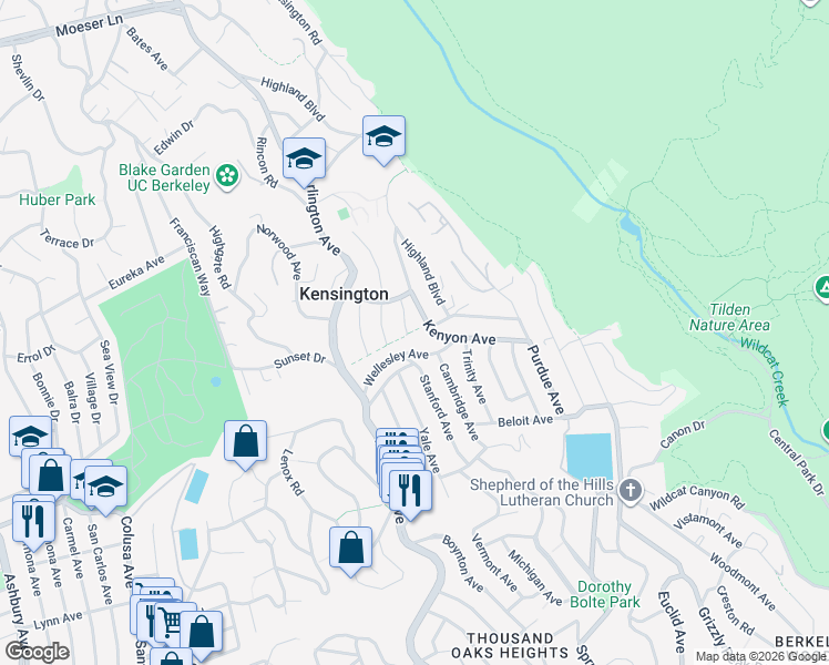 map of restaurants, bars, coffee shops, grocery stores, and more near 200 Kenyon Avenue in Kensington
