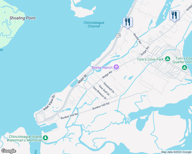 map of restaurants, bars, coffee shops, grocery stores, and more near 8150 Seashell Drive in Chincoteague Island