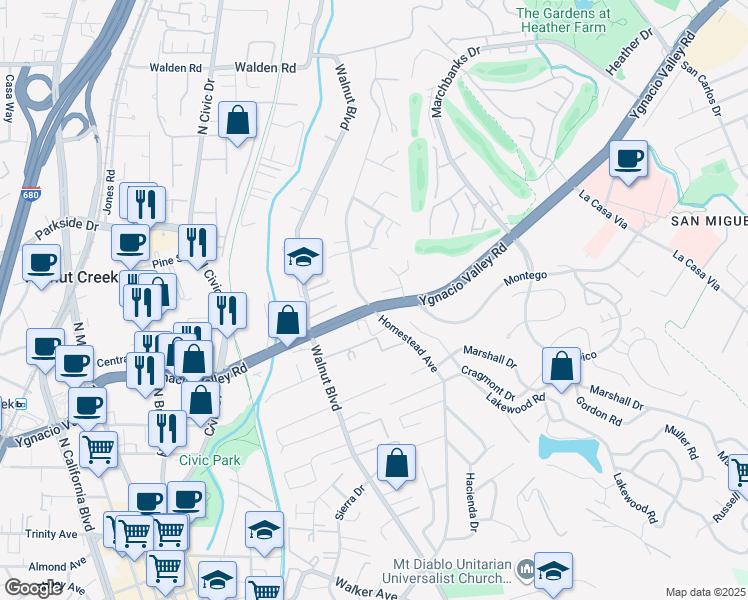map of restaurants, bars, coffee shops, grocery stores, and more near 107 Ygnacio Court in Walnut Creek