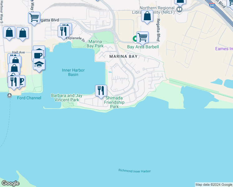 map of restaurants, bars, coffee shops, grocery stores, and more near 202 Lakeshore Court in Richmond