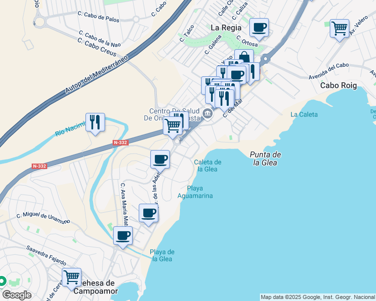 map of restaurants, bars, coffee shops, grocery stores, and more near 2 Calle Juan Manuel de Prada in Orihuela