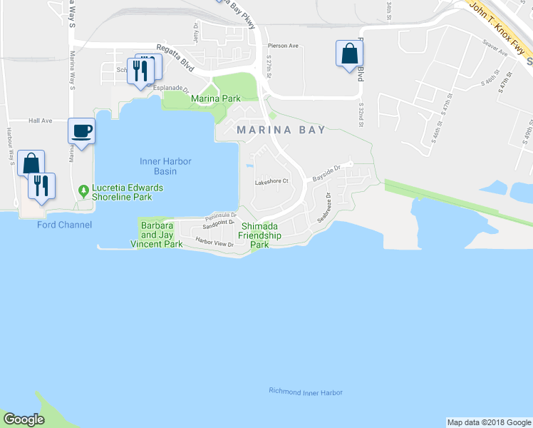 map of restaurants, bars, coffee shops, grocery stores, and more near 215 Lakeshore Court in Richmond