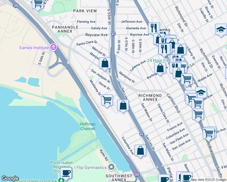 map of restaurants, bars, coffee shops, grocery stores, and more near 5304 Tehama Avenue in Richmond