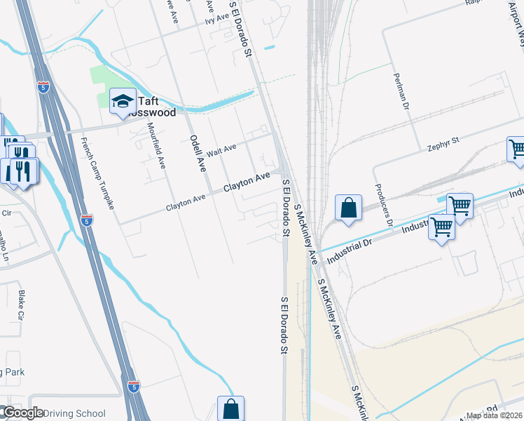 map of restaurants, bars, coffee shops, grocery stores, and more near 3845 South El Dorado Street in Stockton