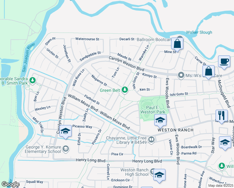 map of restaurants, bars, coffee shops, grocery stores, and more near 3721 Leilani Lane in Stockton