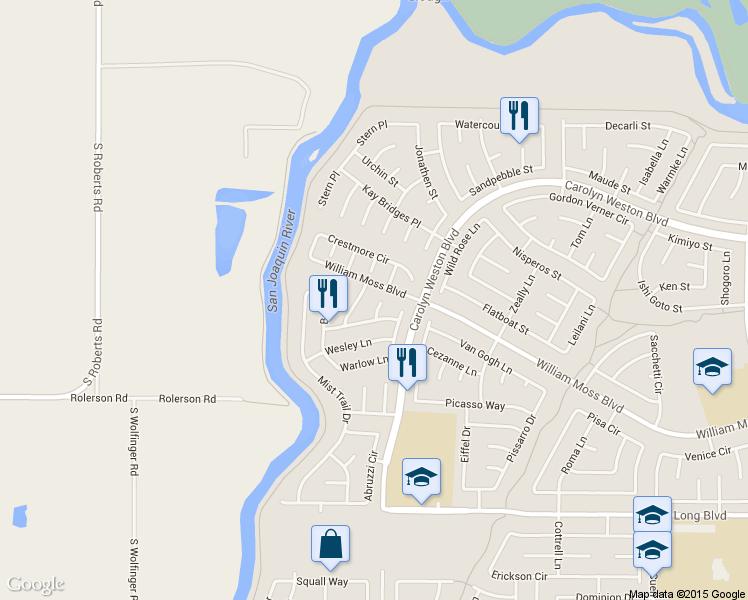map of restaurants, bars, coffee shops, grocery stores, and more near 4014 Knollwood Court in Stockton
