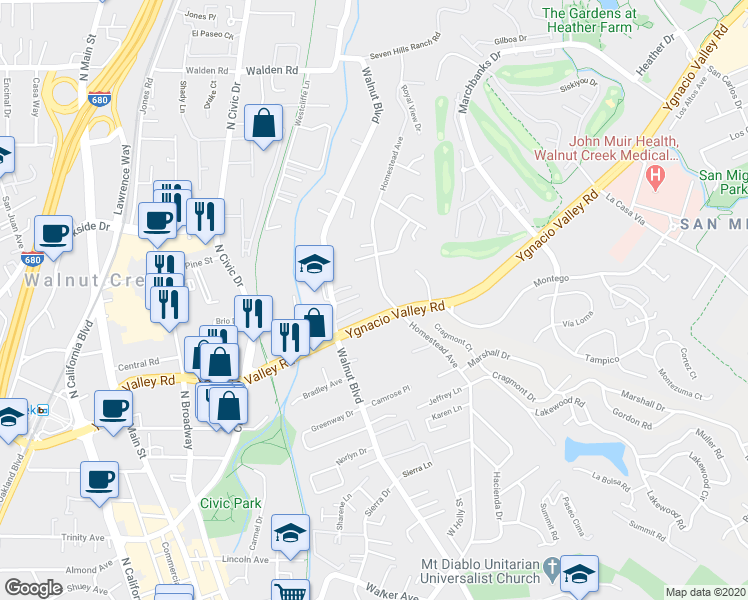 map of restaurants, bars, coffee shops, grocery stores, and more near 1080 Ygnacio Valley Road in Walnut Creek