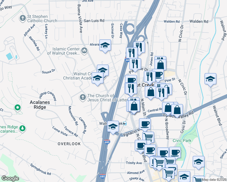 map of restaurants, bars, coffee shops, grocery stores, and more near 1737 Parkside Drive in Walnut Creek