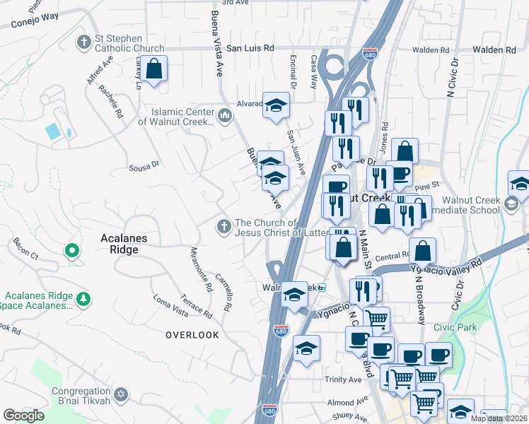 map of restaurants, bars, coffee shops, grocery stores, and more near 2266 Hillside Court in Walnut Creek