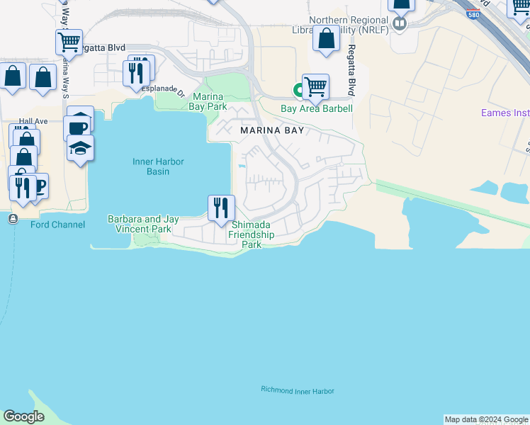 map of restaurants, bars, coffee shops, grocery stores, and more near 202 Lakeshore Court in Richmond