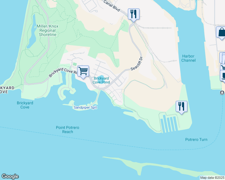 map of restaurants, bars, coffee shops, grocery stores, and more near 16 Anchor Point Drive in Richmond