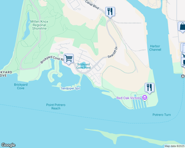 map of restaurants, bars, coffee shops, grocery stores, and more near 16 Sea Star Court in Richmond