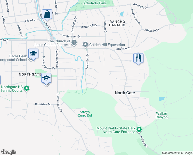 map of restaurants, bars, coffee shops, grocery stores, and more near 3171 Lippizaner Lane in Walnut Creek