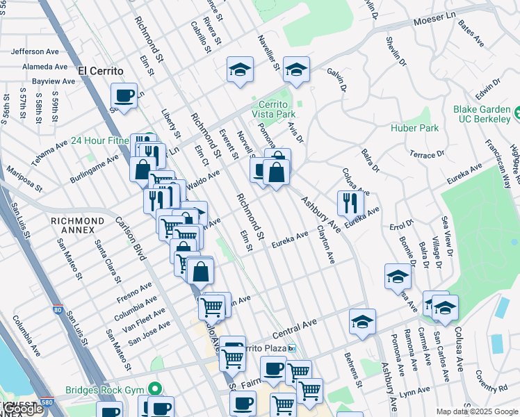 map of restaurants, bars, coffee shops, grocery stores, and more near 755 Everett Street in El Cerrito