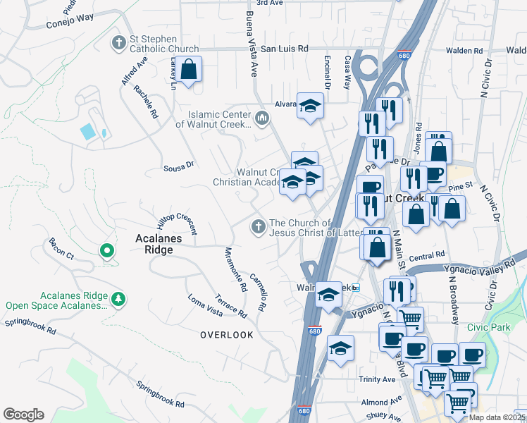 map of restaurants, bars, coffee shops, grocery stores, and more near 2380 Harvard Circle in Walnut Creek