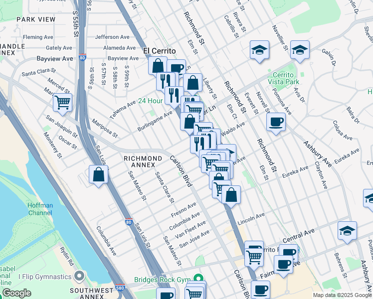 map of restaurants, bars, coffee shops, grocery stores, and more near 6127 Sutter Avenue in Richmond