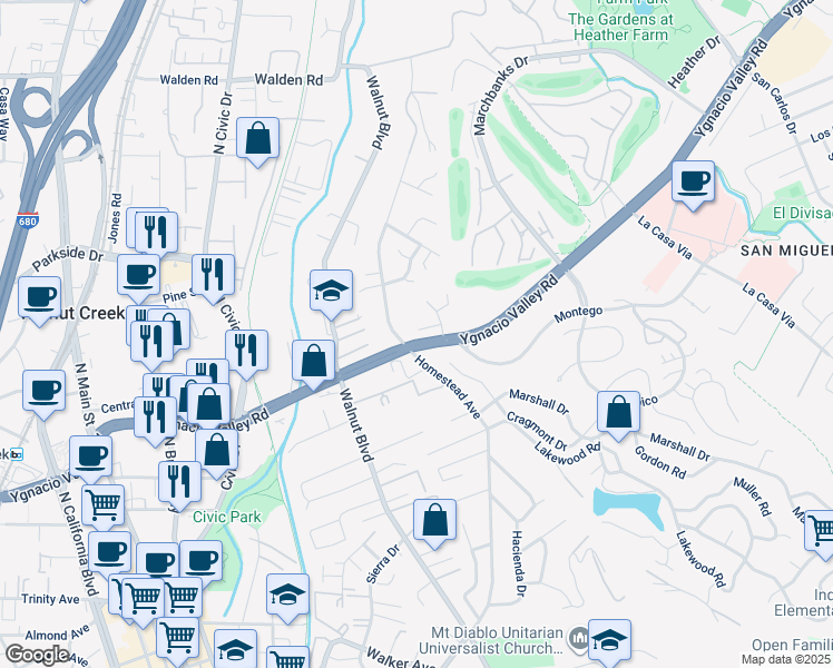 map of restaurants, bars, coffee shops, grocery stores, and more near 107 Ygnacio Court in Walnut Creek