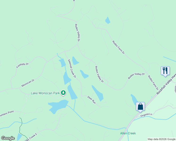 map of restaurants, bars, coffee shops, grocery stores, and more near 60 Cowslip Lane in Nellysford