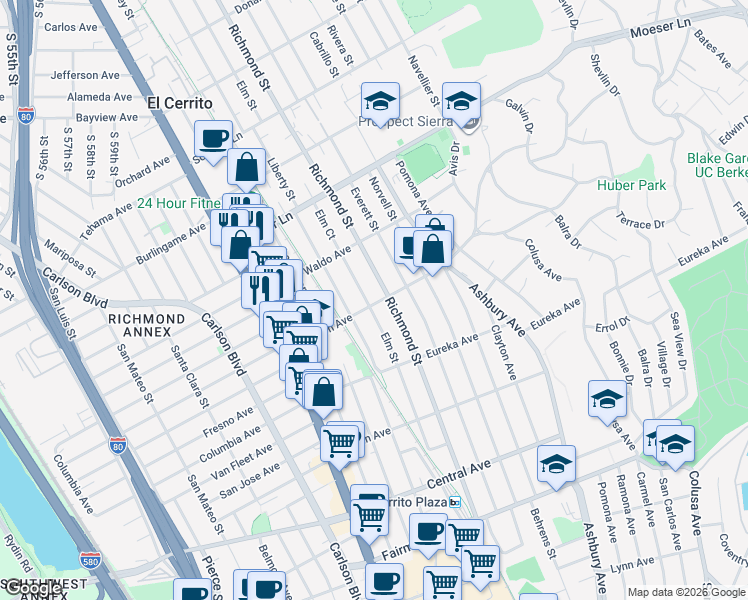 map of restaurants, bars, coffee shops, grocery stores, and more near 802 Elm Street in El Cerrito