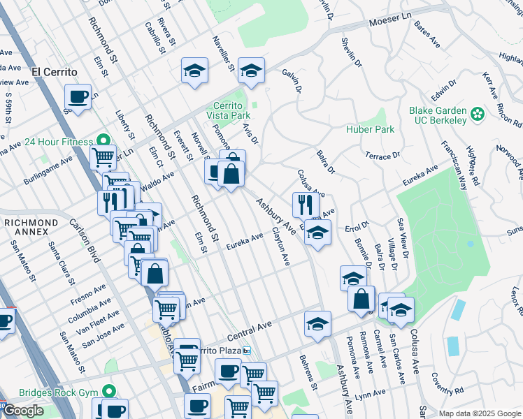 map of restaurants, bars, coffee shops, grocery stores, and more near 733 Ashbury Avenue in El Cerrito