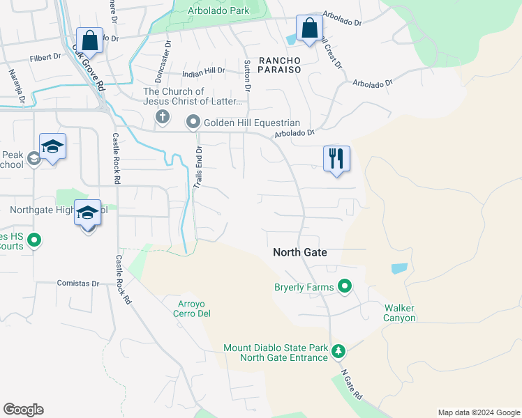 map of restaurants, bars, coffee shops, grocery stores, and more near 2085 Shell Ridge Trail in Walnut Creek