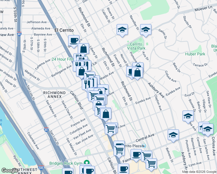 map of restaurants, bars, coffee shops, grocery stores, and more near 817 Liberty Street in El Cerrito