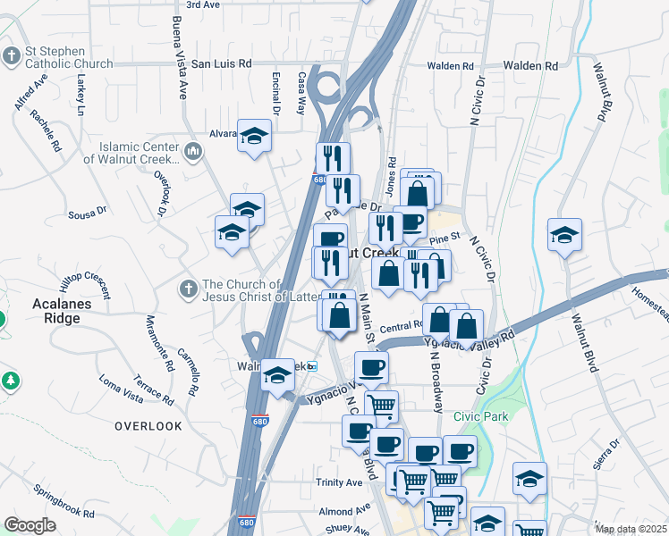 map of restaurants, bars, coffee shops, grocery stores, and more near 2185 North California Boulevard in Walnut Creek
