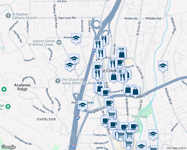 map of restaurants, bars, coffee shops, grocery stores, and more near 2175 North California Boulevard in Walnut Creek