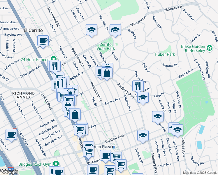 map of restaurants, bars, coffee shops, grocery stores, and more near 744 Norvell Street in El Cerrito