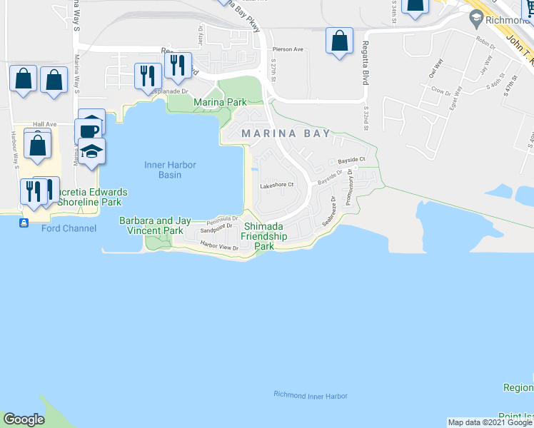 map of restaurants, bars, coffee shops, grocery stores, and more near 202 Lakeshore Court in Richmond