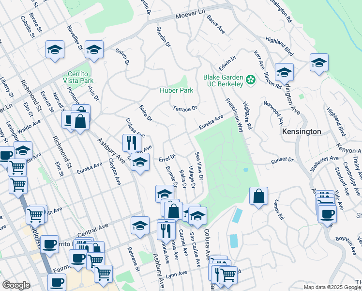 map of restaurants, bars, coffee shops, grocery stores, and more near 7701 Ricardo Court in El Cerrito