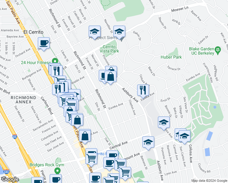 map of restaurants, bars, coffee shops, grocery stores, and more near 744 Norvell Street in El Cerrito
