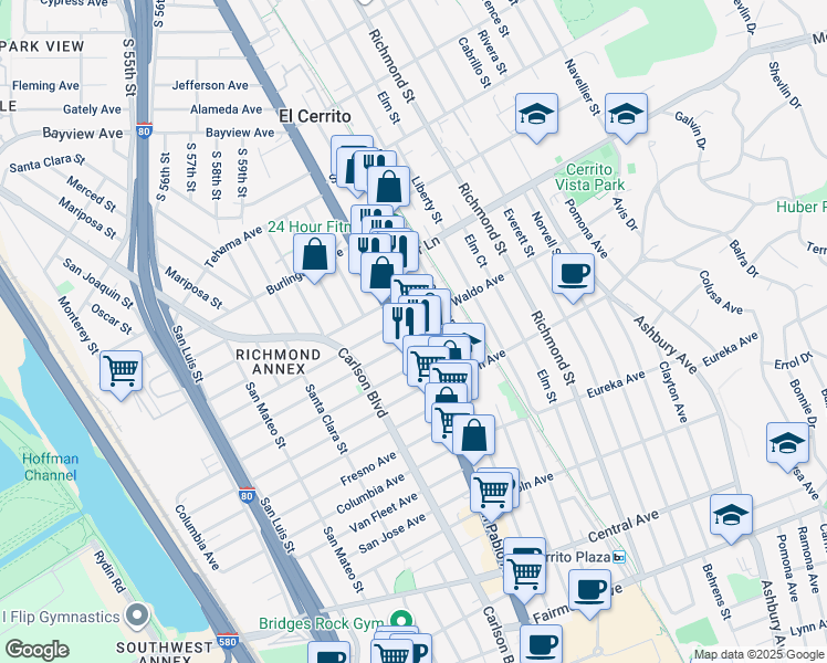 map of restaurants, bars, coffee shops, grocery stores, and more near 10496 San Pablo Avenue in El Cerrito