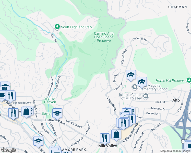 map of restaurants, bars, coffee shops, grocery stores, and more near 2 Escalon Drive in Mill Valley