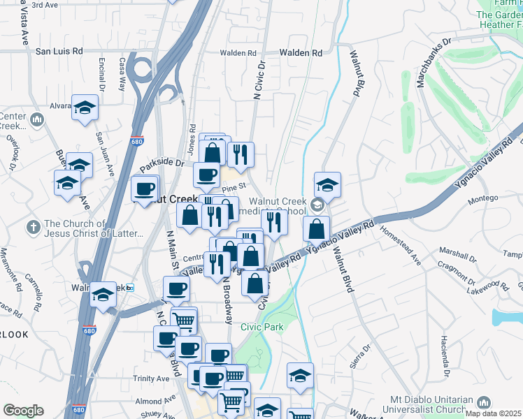 map of restaurants, bars, coffee shops, grocery stores, and more near 191 North Civic Drive in Walnut Creek