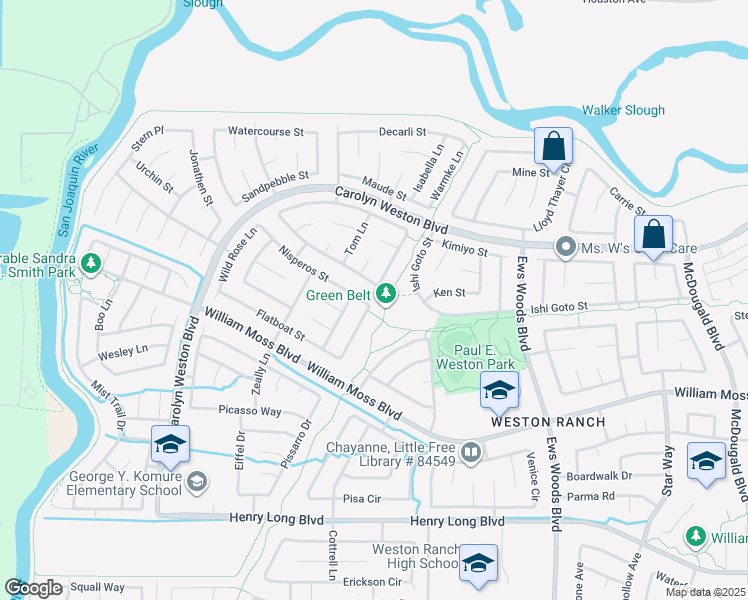 map of restaurants, bars, coffee shops, grocery stores, and more near 1805 Nisperos Street in Stockton