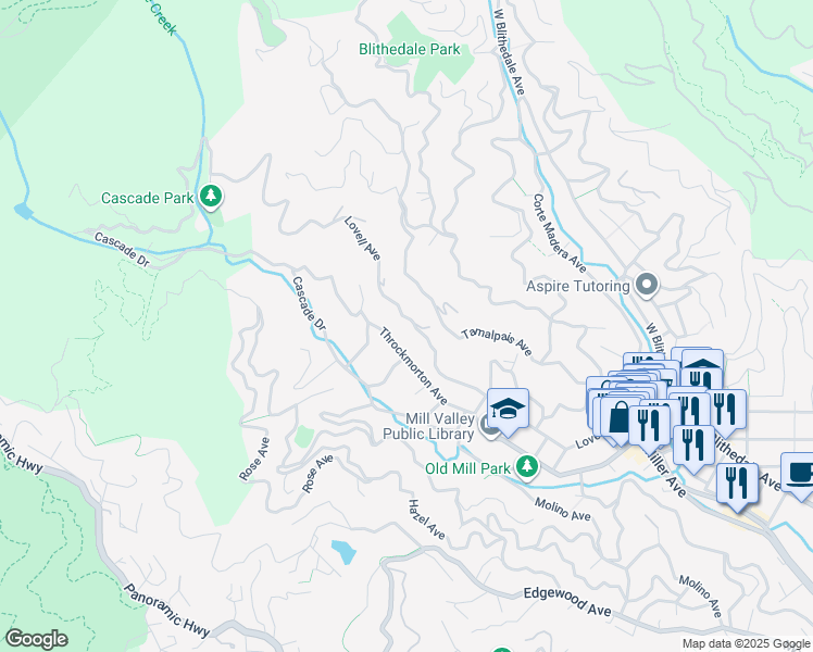 map of restaurants, bars, coffee shops, grocery stores, and more near 291 Lovell Avenue in Mill Valley