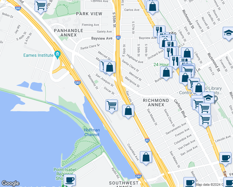 map of restaurants, bars, coffee shops, grocery stores, and more near 5304 Tehama Avenue in Richmond