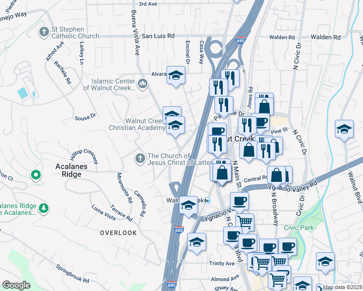 map of restaurants, bars, coffee shops, grocery stores, and more near in Walnut Creek