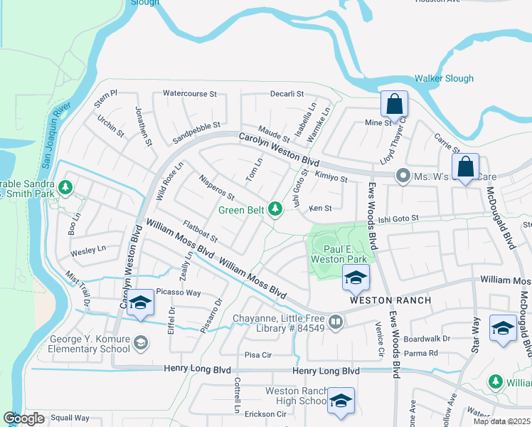 map of restaurants, bars, coffee shops, grocery stores, and more near 1805 Nisperos Street in Stockton